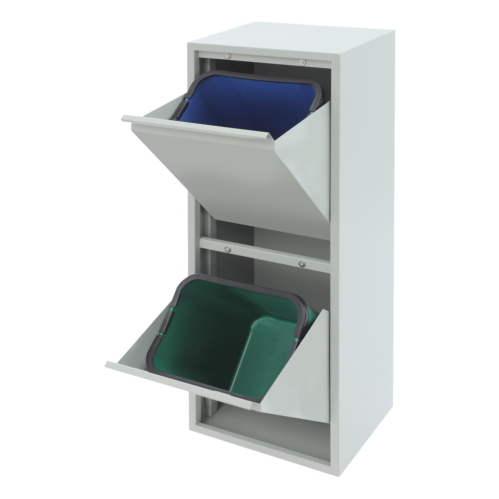 Abfall- und Recycling-Schrank mit 2 Eimern, 15 Gallonen, Grau/Blau/Grün, Edelstahl und Kunststoff, Kippbare Tür, Modern, 33x25x92 cm