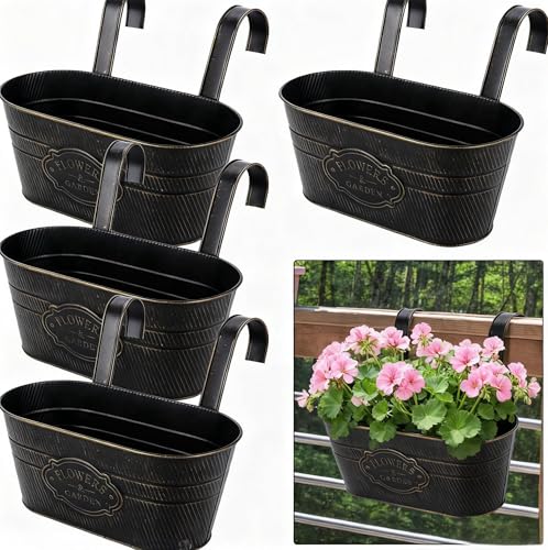 eROOSY Lot de 4 Jardinières Suspendues Pots de Fleurs Exterieur en Métal avec Crochets Métalliques Amovibles pour Plantes, Balcon, Jardin