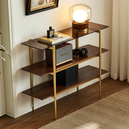 Saint Mossi 3-Tier Brown Console Table for Living Room, Mid Century Modern Narrow Entryway Table, Glass Sofa Table for Hallway, Foyer, Corridor, Office, Brown Glass Top & Gold Frame, D41×H31xW13