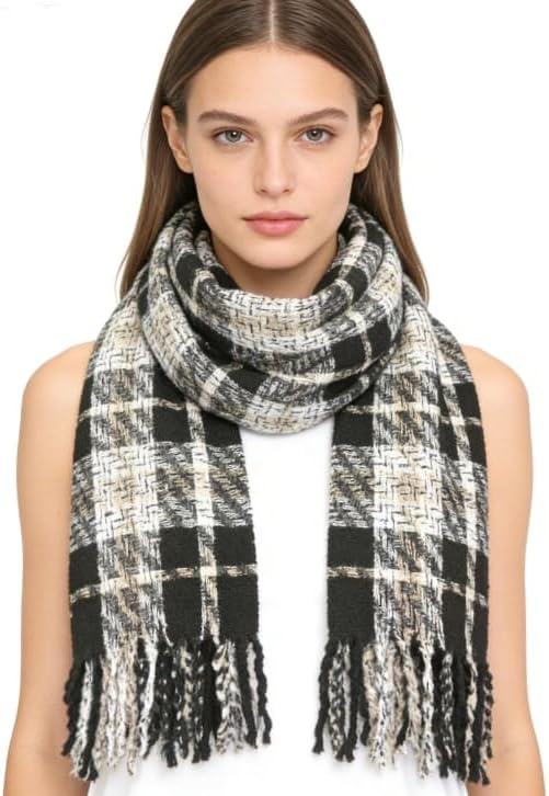 Plaid Scarf with Fringe, Black and White Checkered Pattern, Soft Knit Winter Wrap