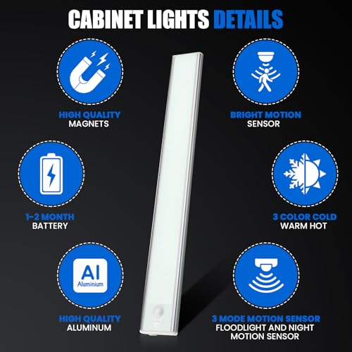 Image of Under Cabinet Wireless LED Lights, Rechargeable Motion Sensor Light Bar, 2 Pack Dimmable, 3 Color Temps Magnetic Closet Bars, Wireless Under Counter Light for Kitchen, Hallway, Stairway