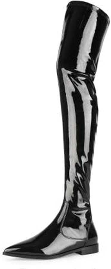 SLY ブーツ TANK SOLE KNEE HIGH BOOTS KKPLO Women's Over The Knee Boots Shiny Patent Leather Pointed Toe