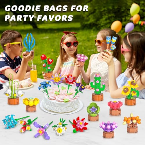 24 Pack Flowers Party Favors for Kids Building Set - 827PCS Succulents 3.6MM Mini Building Blocks Toy for Easter Basket Stuffers, Classroom Prizes, Mother's Day Birthday Gift for Girl Boy Ages 6+3