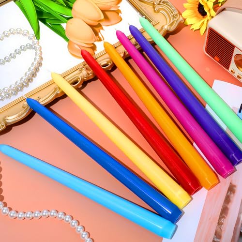 Image of MTLEE 32 Pcs Long Taper Candlestick Bulk 10 Inch Smokeless, Rainbow | Paraffin Wax Cotton Wick, Colorful Vibrant for Dinner Wedding Party Church, Unscented Table Centerpiece Decor