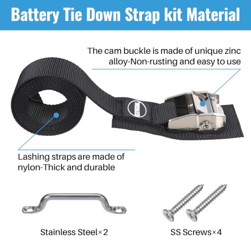 Image of EXVITAL Battery Tie Down Strap Hold Down Kit, 1.5 inch x 60 inch Cooler Tie Down Kit with Non-Rusting Cam Buckle, Stainless Steel Bracket & SS Screws for RV Battery,Luggage Belt (1 Pack)