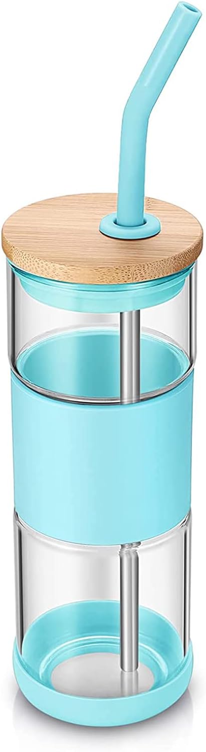 tronco Glass Tumbler with Bamboo Lid and Straw,18OZ Reusable Iced Coffee Cup With Silicone Sleeve,Smoothie Cups,Clear Glass Travel Water Bottle，Dishwasfer Safe,Spill Proof