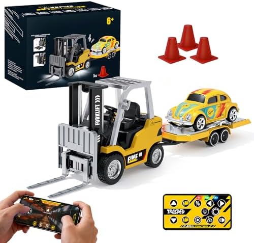 YESHIN RC Gabelstapler Spielzeug Mit Anhänger, Fernsteuerbarer Gabelstapler | 1:64 Mini, App-Programmierung, Tempomat & Geschwindigkeitsregelung, Hebbare Gabel, Sound & LED-Licht,