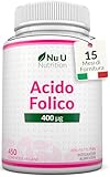 Acido Folico 400 µg - 450 Micro Compresse Vegane - Scorta 15 Mesi - Vitamina B9 Folato per Donne in Gravidanza - Integratore Prenatale - Prodotto in Europa - Nu U Nutrition