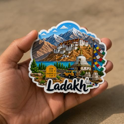 Image of Ladakh Theme Souvenir Wooden Fridge Magnet for Refrigerator - Printed Fridge Magnet for Kitchen & Fridge Decor | Perfect Souvenir Gift | Fridge Decoration | Size 3x3 Inches | Pack of 1