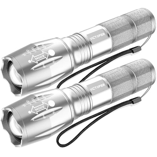 Victoper LED Flashlight 2 Pack Silver, Bright High Lumens Tactical Flashlights High Lumens with 5 Modes, Waterproof Zoomable Flash Light for Outdoor, Gifts for Hiking Camping Essentials Gear