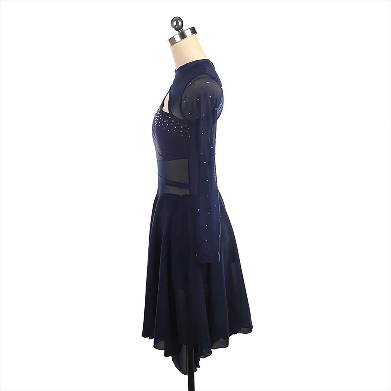 Women's Navy One-Sleeve Figure Skating Dress, Custom Rhinestone Ice Skating Competition Gown with Long Skirt