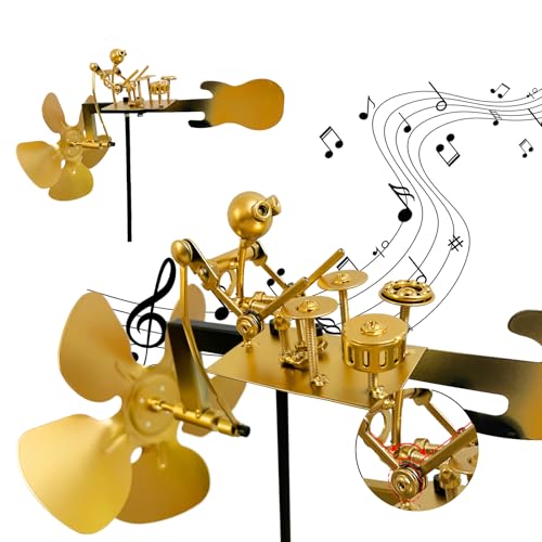 Handmade Metal Drummer Windmill, Rock Art Sculptures, Wind-Powered Kinetic Figurines, Wind Spinners for Garden Yard Lawn Patio Decor, Unique Drummer Statue Gift for Music Lovers