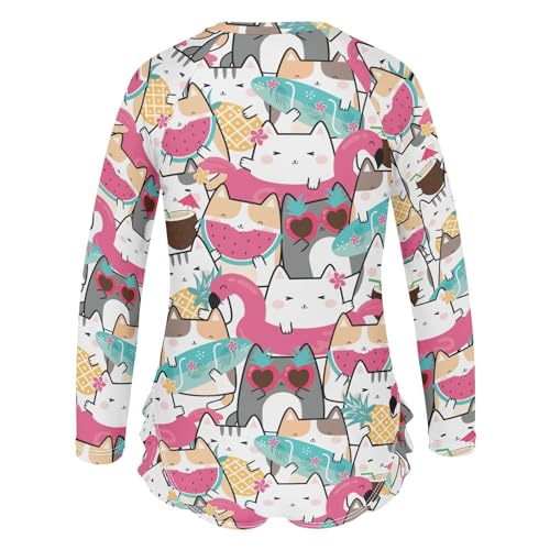 QUGRL Girls Rash Guard Long Sleeve One Piece Swimsuits Kawaii Cute Cats Zipper Girl Bathing Suits Size 9-10 Colorful Summer UV Swimwear Stand Collar3