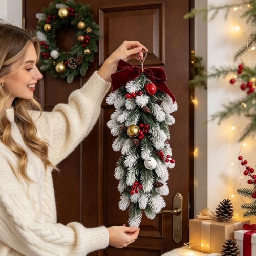 25.2 Inch Christmas Garland with Red Berries Bells & Bow Decor | Hanging Rattan for Front Door Wall Mantel Winter Artificial Greenery Garland for Party Wedding Christmas Decoration Holiday - image 7
