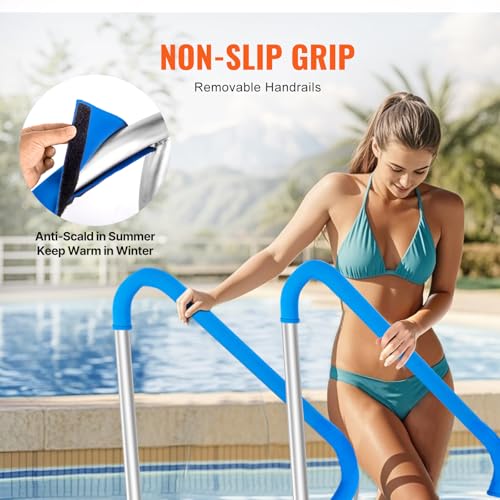 Image of VEVOR Pool Handrail, 2 PCS 48x36in Railing, Stainless Steel with Base Plate for Indoor /Outdoor Pools, Safety Railing for Decks, Rust-Proof Grab Bar w /Grip Cover & Accessories for Spas
