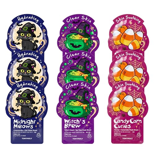 TONYMOLY Halloween Sheet Mask Set - 9 Pack Korean Skincare Face Masks with Witch Hazel Tea Tree Chamomile Oat Honey & Ceramides Boo Basket Stuffer & Halloween Party Favor Gift Set