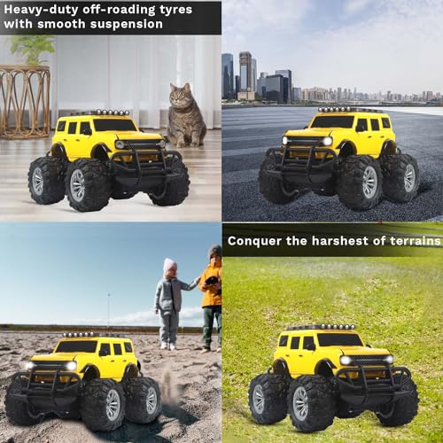 Image of Popsugar Off Roader Rechargeable Remote Control Monster Truck with 2 Speeds and 4 Headlight Modes | Lithium Battery | C-Type Charging | Remote Control Car for Kids | Made in India, Yellow