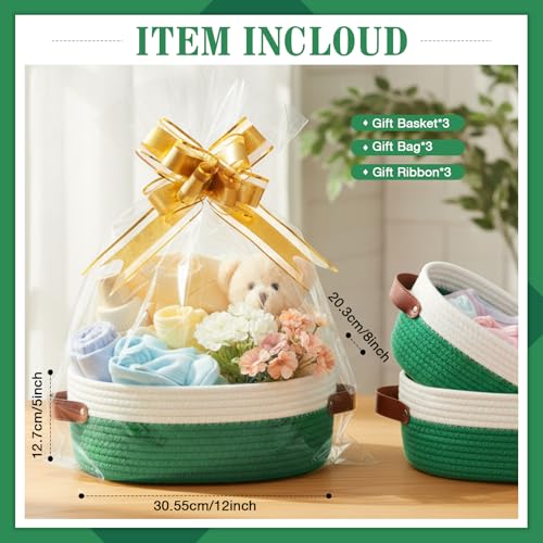 Image of Colingmill 3 Pack Easter Small Woven Basket for Gifts with Handles Clear Bags and Ribbons Empty Storage Basket Decorative Chest Box for Easter Wedding Present(White and Green,12 inchx 8 inchx 5 inch)