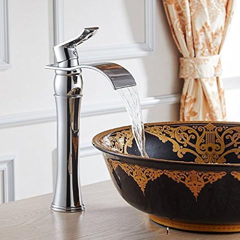 Fashion Modern Chrome Finish Bathroom Tall Basin Faucet Waterfall Sink Mixer Tap Single Handle Single Hole Widespread Counter top Lavatory faucets Cover