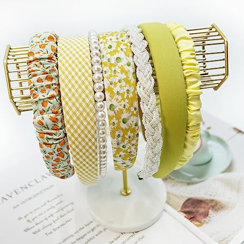 Mefineshow 7Pk Different Fashion Headbands For Women,Non Slip Flower Headband,Cute Pearl Headbands For Girls,Vintage Wide Headband For Women,Bandana Hair Accessories Set (Yellow) #TOP3