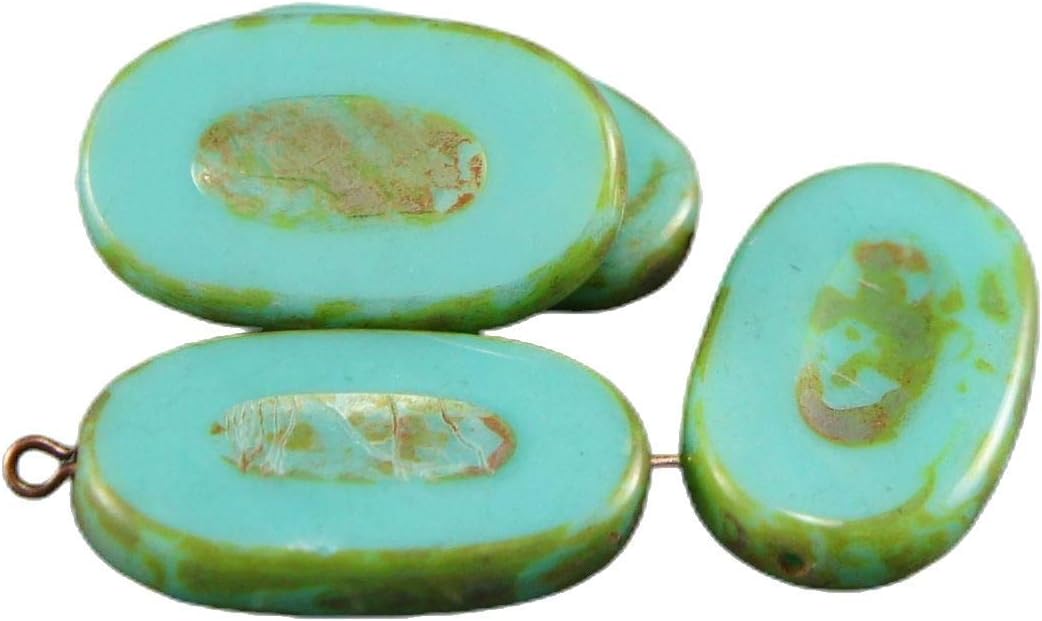 2pcs Large Picasso Brown Turquoise Flat Oval Table Cut Carved Czech Glass Beads 26mm x 15mm