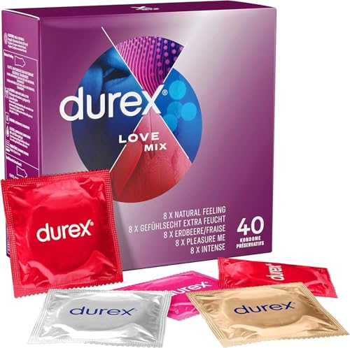 Durex Love Collection Mix di Preservativi Con Rilievi e Nervature, Sottili e Aromatizzati, 30 Profilattici, Esclusiva Online
