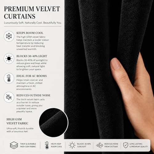 Image of Velvet Curtains | Heavy Soft Premium Velvet Drapes for Bedroom and Living Room | Semi Light Blocking, Thermal Insulated and Noise Reducing Window Panels | 5 Feet, (Black)