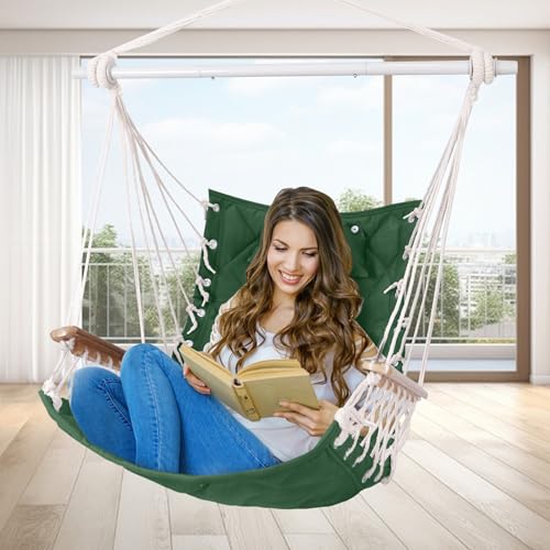 Image of Hammock Chair Hanging Swing with Wooden Armrest,Steel Spreader Bar,Pillows,Hardware kit Included;Cotton Woven;Up to 350 Lbs,for Indoor Outdoor Green