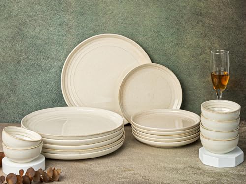 Image of Bodhi House Handcrafted Chip Resistance Porcelain Dinner Set, 18 Pieces Dish Set Serving for 6, Microwave and Dishwasher Safe, Bone-ash Free, Crockery Set for Dining and Gifting, Spanish White