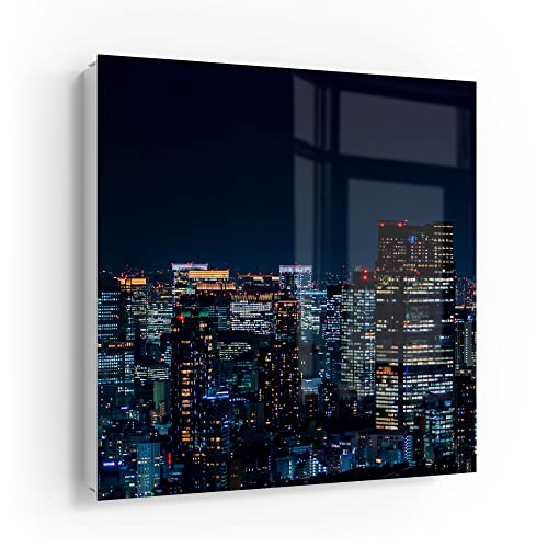 DEQORI Schlüsselkasten weiß | 30x30 cm | Motiv Tokio bei Nacht | Glas & Metall Schlüssel-Box | Schlüsselschrank mit 50 Haken + 2 Magnete | Moderne Design Box magnetisch & beschreibbar