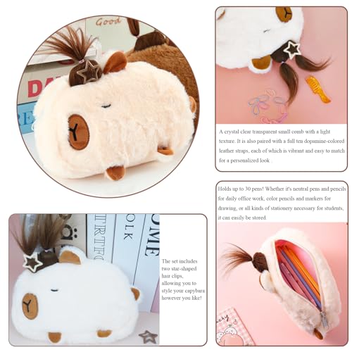 Image of KEYDUACU Cute Water Cavy Pencil Case with Hairstyle Kit, Large Capacity Water Guinea Pig Cute Animal School Supplies Bag with Pencil Set & 10-Color Pen(Beige)