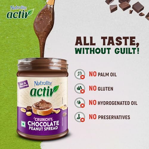 Image of Nutralite Activ Peanut Spread - Chocolate Crunchy with 20g protein per 100g, No preservatives, Gluten free, Zero trans-fat, High Dietary Fibre, With Dark choco chips, 1kg Jar