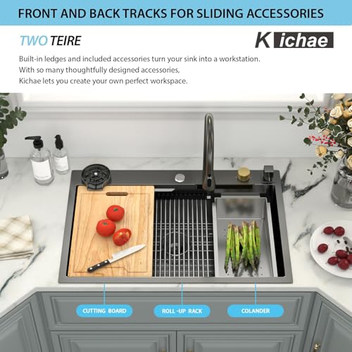 Image of Kichae 33 Black Kitchen Sink Drop In Waterfall Stainless Steel 16 Gauge