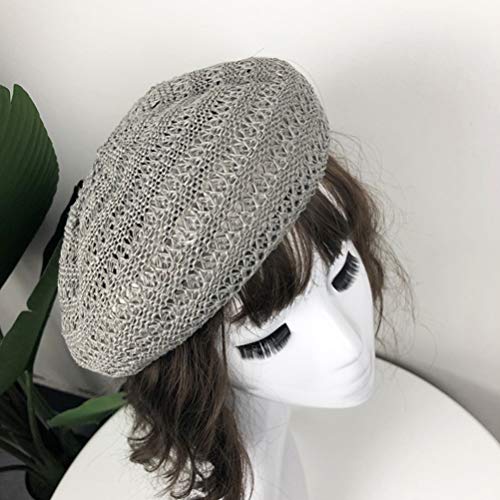 Tendycoco Womens Summer Beret Hat French Style Beanie Hats Hollow-Out Vintage Painters Woven Cap Artist Hat Grey #TOP3