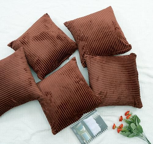 Image of RD TREND Cushion Cover Set of 5, Decorative Sofa Living Room Home Square Cushion Covers 16 Inch x 16 Inch, Aesthetic Corduroy Striped Double Sided (Coffee,Pack of 5)