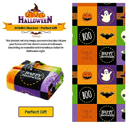 ROMROL Halloween Fleece Throw Blanket, Bat, Ghost Fall Plaid Blanket, Soft Fuzzy Plush for Couch Sofa or Bed, Luxury Flannel Lap Blanket, for Kids, Adults, Wife, Self (50" x 60")
