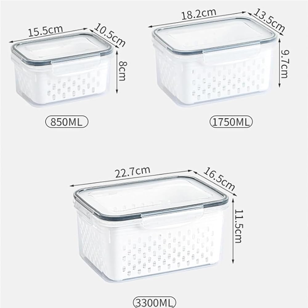Fruit Storage Containers, 4 in 1 Food Storage Container, Household Transparent Plastic Food Storages Box-Including Drain Basket, For Vegetables & Kitchen Organization (Grey,S+M+L)