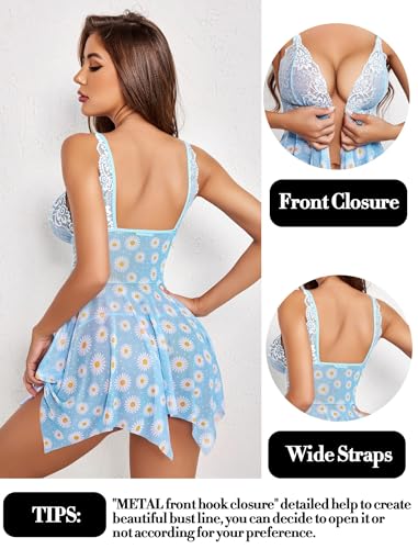 Image of Floral Babydoll Lingerie Set, Blue Daisy Print with White Lace Trim, Asymmetric Hem