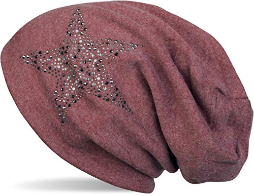 styleBREAKER Gorro Beanie con Estrellas Strass y Piedras Preciosas en Tonos Plata-Antracita, Gorro Slouch Beanie Largo, Unisex 04024087, Color:Burdeos-Rojo Jaspeado