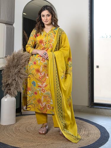 Image of Arayna Women's Pure Cotton Floral Kurta Set with Pants & Dupatta | Embroidered V-Neck Ethnic Suit