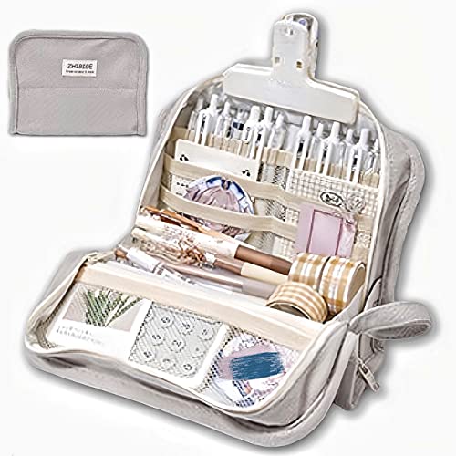 Image of Large Capacity Pencil Pen Case with 9 Compartments Multi-Slot Durable Pencil Bag Pouch Box Organizer Cases Easy Grip Handle Aesthetic School Supply for Teen Girls Students Adults (Grey)