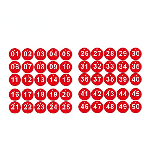 Numbers Tags 1-50, 35mm Round Numbered Tags Plastic Small Key Tags 50 Numbered Keychains for Dormitory Keys House Lockers - Red