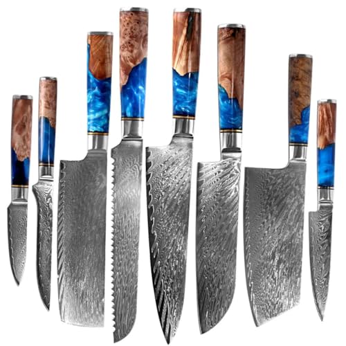 Personalized Engraved Tidal Collection 8 PCS Damascus Knife Set with Blue Resin Handle