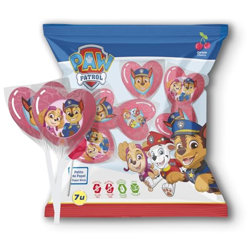 dekora | Piruletas corazón Patrulla Canina sin gluten – Bolsa 7 unidades – Golosinas cumpleaños infantiles – Sin Lactosa, Vegetarianas – Bolsas de Chuches para Fiestas y Piñatas