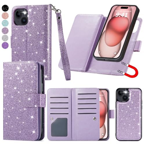 Varikke for iPhone 15 Plus Case Wallet, Detachable Magnetic for iPhone 15 Plus Wallet Case Women with Card Holder Kickstand Wrist Strap Glitter PU Leather Flip Phone Cover 6.7 Inch, Light Purple