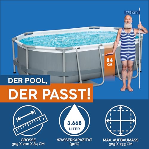 Bestway Power Steel Frame Pool Set mit Filterpumpe 305 x 200 x 84 cm, grau, oval