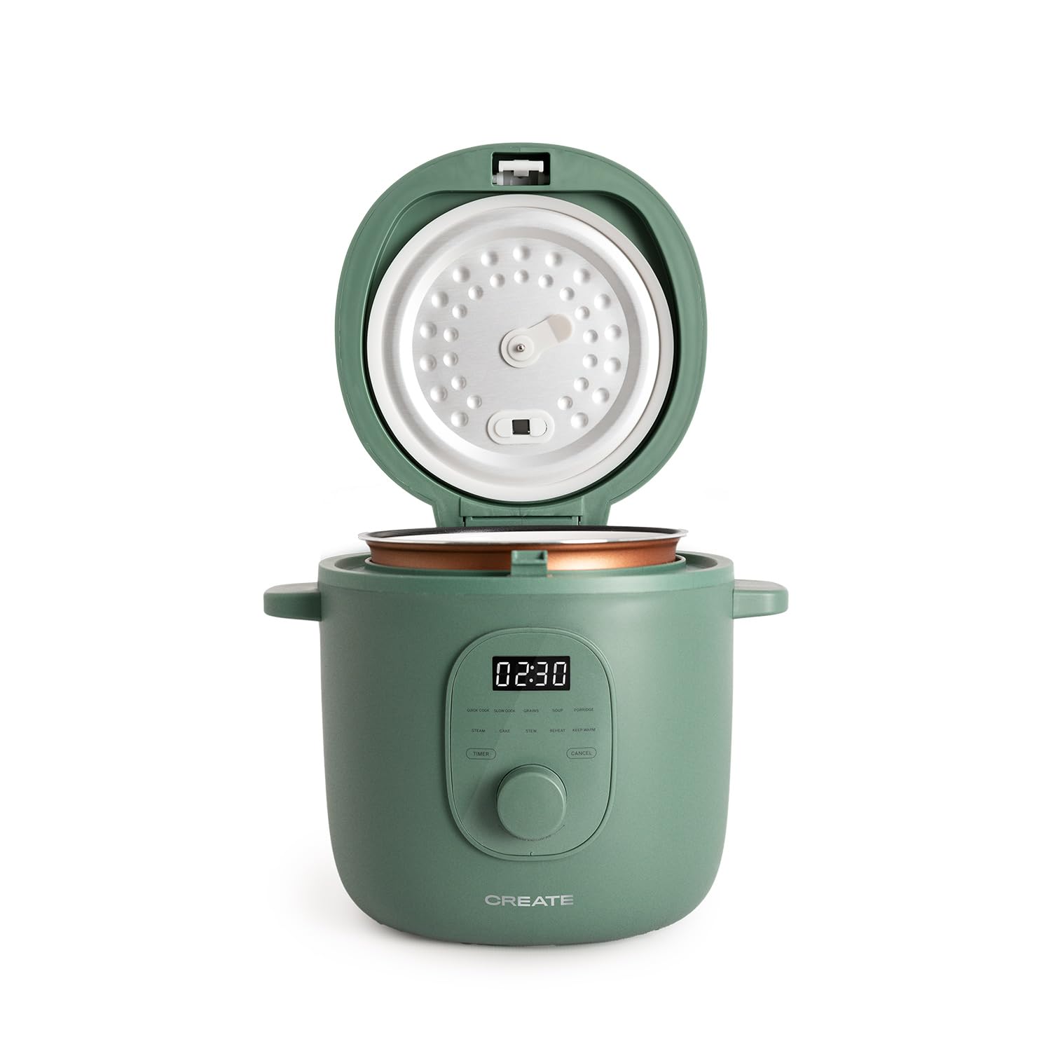 CREATE/RICE COOKER/Multifunktioneller Elektrischer Reiskocher 1.2L Salbeigrün/Programmierbar bis zu 24h, mit Dämpfeinsatz, bereitet Kuchen, Aufläufe oder Suppen zu, Warmhaltefunktion, 300W
