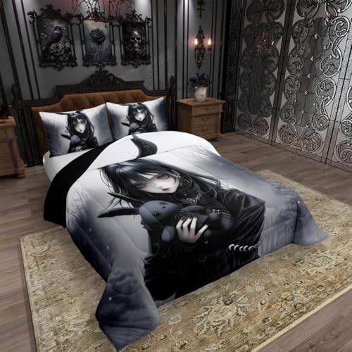 Image of Erosebridal Anime Girl Bedding Set Full,Anime Gifts Comforter Set for Girls Women,Gothic 3D Japanese Girl Down Comforter,Black Gothic Bed Set Exotic Rabbit Printed Duvet Insert with 2 Pillowcases