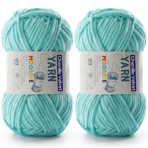 Image of 2 Pac Chenille Yarn for Crocheting - Blanket Yarn for Crocheting - Fluffy Yarn for Crochet, Baby Yarn for Crocheting Soft Blankets Weight Per Roll 50g /1.76oz, Length 60m /65yard (Aqua Green)