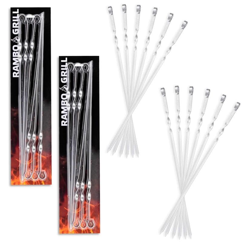 BEM Rambo Grill Schaschlikspieße Edelstahl 50cm 12er Set Grillspieße Wiederverwendbar & Rostfrei Flach Für BBQ Gemüse & Fleisch Grillzubehör Spülmaschinenfest Grillspieß für